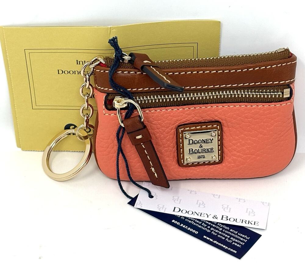 Dooney & Bourke Pebble Grain Coin Case Coral Zippered Pouch Interior Key Ring